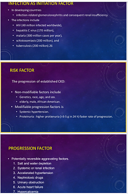 Factors initiate CKD, Risk factors aggravate it and Progression factors promote it to ESRD.