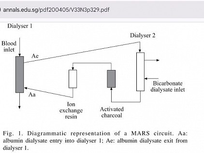 MARS: Blood-Albumin circuit (Dialyser 1), Albumin-Dialysate circuit (Dialyser2) with Activated Charcoal & Ion Exchange resin chamber.